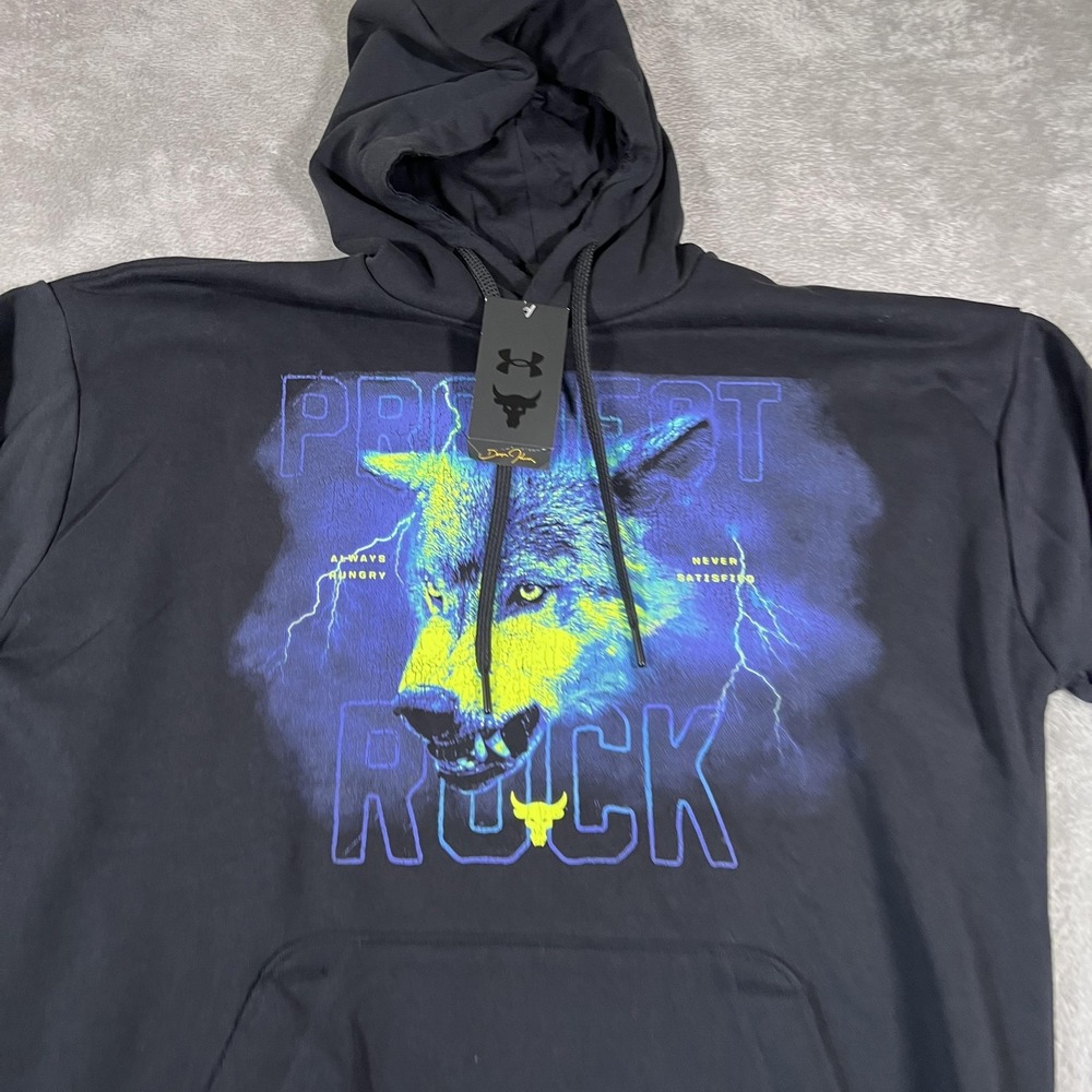 Under Armour x Project Rock Pullover Mens Medium Black Wolf Graphic Hoodie New